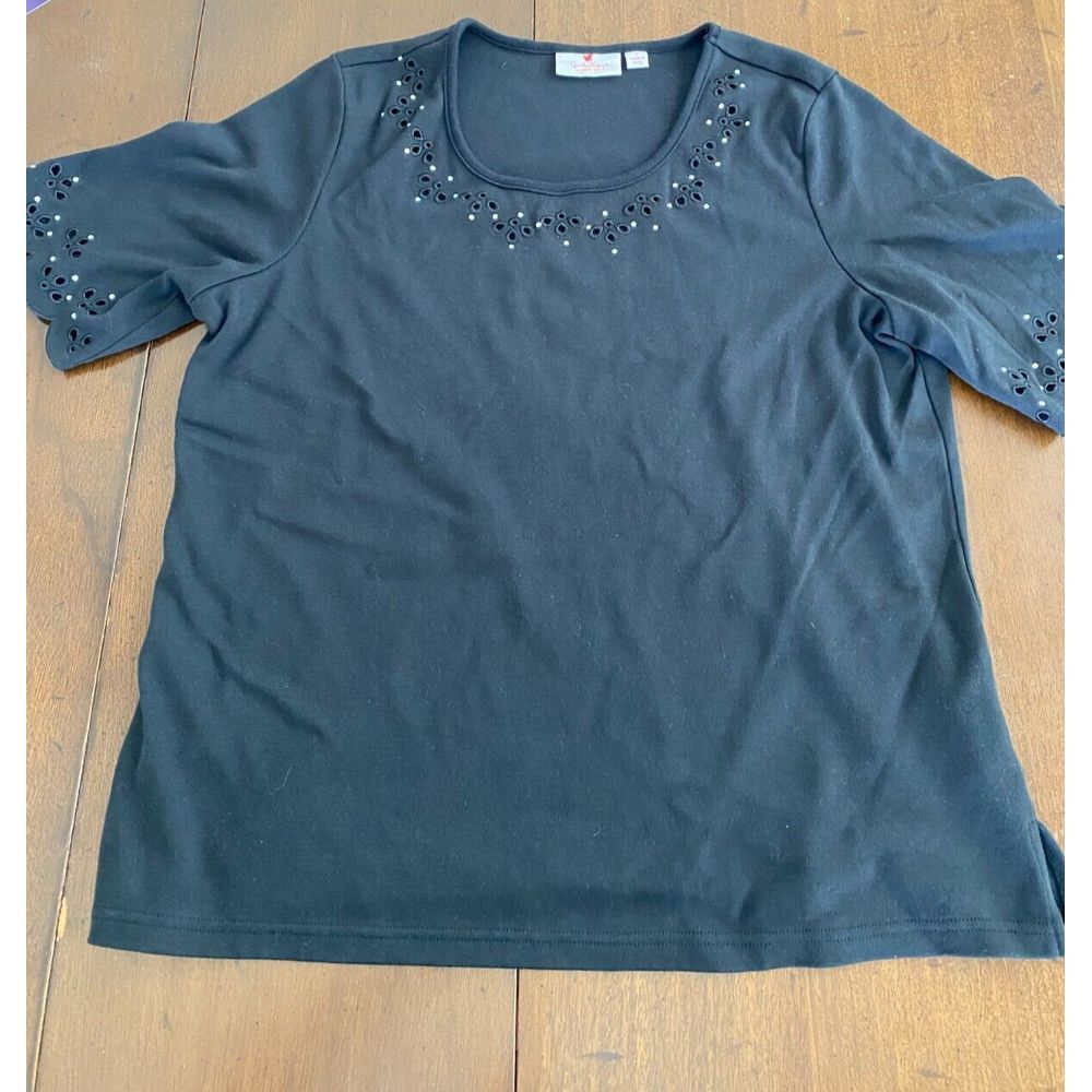 Quacker Factory T-Shirt Women Large Black Bling Cotton Scallop Sleeve Round Neck